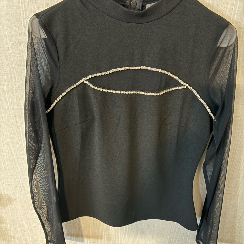 BKE Black Top with Sheer Sleeves and Rhinestone Detail